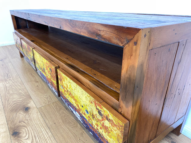 Boatwood by WMK # Besonders schönes 200cm langes TV-Lowboard mit Schubladen & Fach I Handmade Unikat aus altem Bootsholz I Teakholz massiv # Sideboard Kommode Lowboard TV-Bank Fernsehbank  Berlin Köln