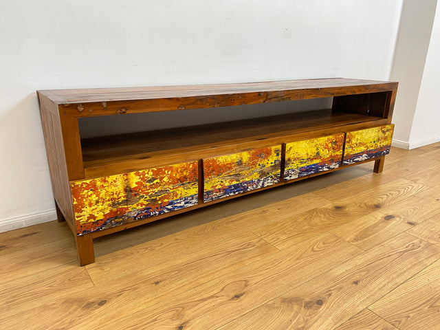 Boatwood by WMK # Besonders schönes 200cm langes TV-Lowboard mit Schubladen & Fach I Handmade Unikat aus altem Bootsholz I Teakholz massiv # Sideboard Kommode Lowboard TV-Bank Fernsehbank  Berlin Köln