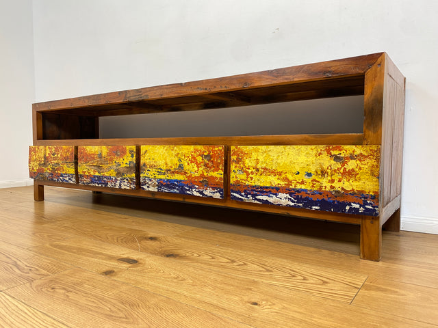 Boatwood by WMK # Besonders schönes 200cm langes TV-Lowboard mit Schubladen & Fach I Handmade Unikat aus altem Bootsholz I Teakholz massiv # Sideboard Kommode Lowboard TV-Bank Fernsehbank  Berlin Köln
