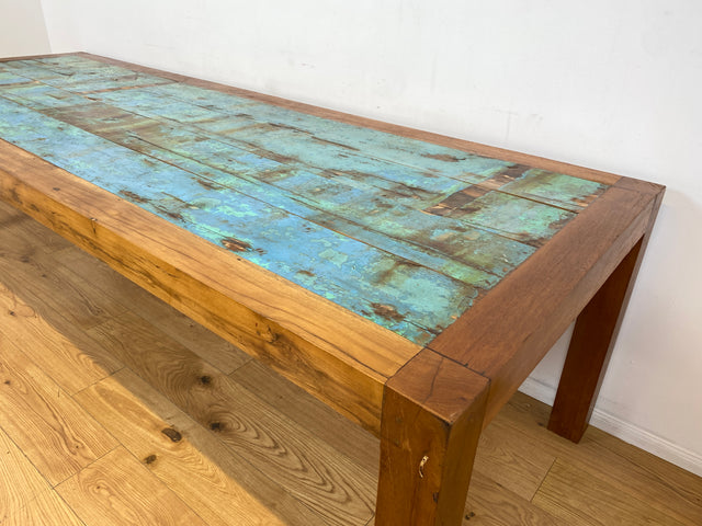 Boatwood by WMK I Imposanter 280x100cm großer Esstisch aus altem Bootsholz I handgefertigtes Unikat I Teakholz massiv I Tisch Tafel Esszimmer Küchen Garten Holz Dining Table Patchwork Berlin Kiel Sylt