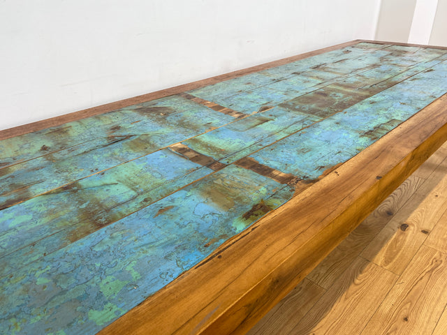 Boatwood by WMK I Imposanter 280x100cm großer Esstisch aus altem Bootsholz I handgefertigtes Unikat I Teakholz massiv I Tisch Tafel Esszimmer Küchen Garten Holz Dining Table Patchwork Berlin Kiel Sylt