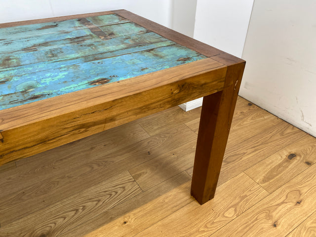 Boatwood by WMK I Imposanter 280x100cm großer Esstisch aus altem Bootsholz I handgefertigtes Unikat I Teakholz massiv I Tisch Tafel Esszimmer Küchen Garten Holz Dining Table Patchwork Berlin Kiel Sylt