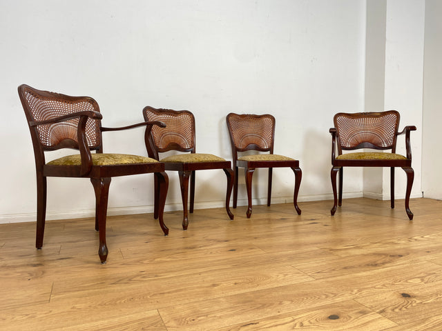 WMK Set aus 4 eleganten und gut erhaltenen 60er Jahre Chippendale Esszimmerstühlen mit intaktem Wiener Geflecht und vornehmen Originalbezug # Stühle Küchenstühle Holzstühle Dining Chairs Vintage