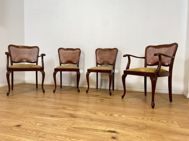 WMK Set aus 4 eleganten und gut erhaltenen 60er Jahre Chippendale Esszimmerstühlen mit intaktem Wiener Geflecht und vornehmen Originalbezug # Stühle Küchenstühle Holzstühle Dining Chairs Vintage