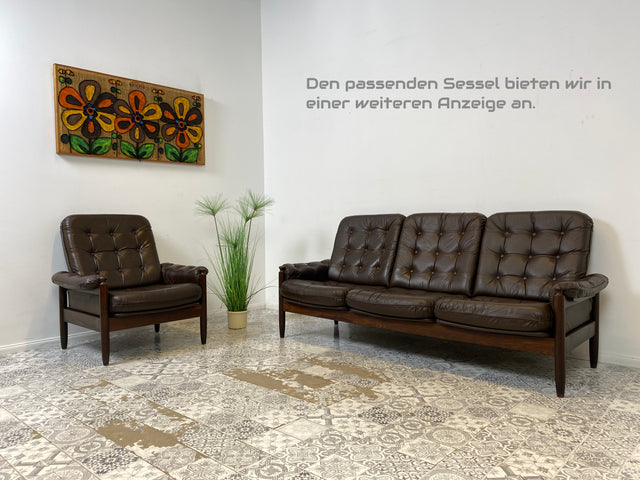 WMK Sehr schönes & gut erhaltenes skandinavisches Sofa mit Rahmen aus Palisander und Bezug aus gestepptem Echtleder # Ledersofa Couch Ledercouch Sitzgarnitur 3-Sitzer Danish Design 60er 70er Vintage