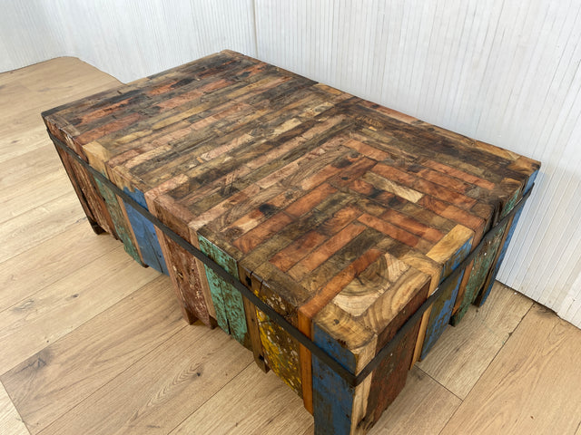 Boatwood by WMK # Einzigartiger Couchtisch (100x60cm) aus altem Bootsholz, ein handgefertigtes Unikat aus massivem Teakholz # Wohnzimmertisch Coffee Table Podest Kunstwerk Art Upcycling Treibholz