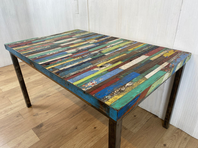 Boatwood by WMK # Wunderschöner Esstisch (140x90cm), ein aus altem Bootsholz handgefertigtes Unikat, Patchwork Teakholz auf Metallgestell # Tisch Esszimmertisch Küchentisch Holztisch Dinning Table