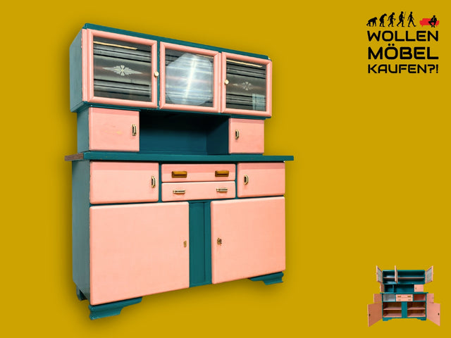 WMK I Sehr schöne jedoch etwas abgenutzte 30er Jahre Art Deco Küchenanrichte in Rosa und Grün mit Originalgläsern I Anrichte Büfett Buffet Kredenz Küche Küchenschrank Antik Vintage Berlin Köln Bayern