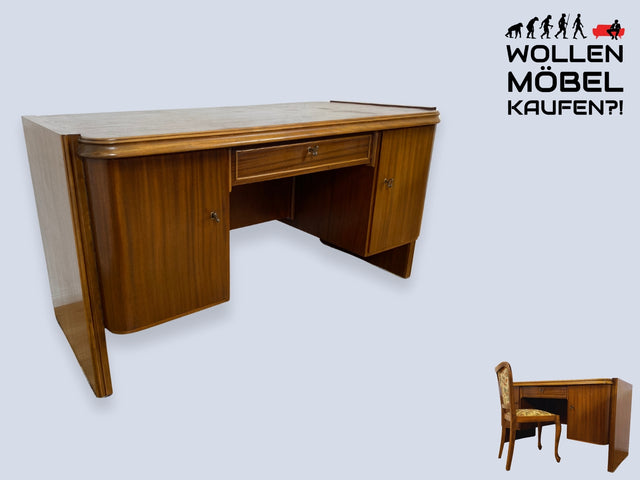 WMK I Imposanter 1930er Jahre Art Deco Schreibtisch aus vollem Holz in Nussbaum, freistellend mit Regal an der Rückseite I Desk Arbeitstisch Bürotisch Cheftisch Antik Vintage I Berlin Dresden München