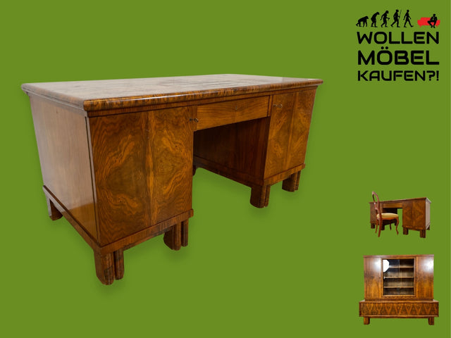 WMK I Imposanter freistehender 30er Jahre Art Deco Schreibtisch aus vollem Holz in edlem Walnuss I Arbeitstisch Cheftisch Bürotisch Herrenzimmer Writing Desk Antik Vintage Berlin Heidelberg Hannover
