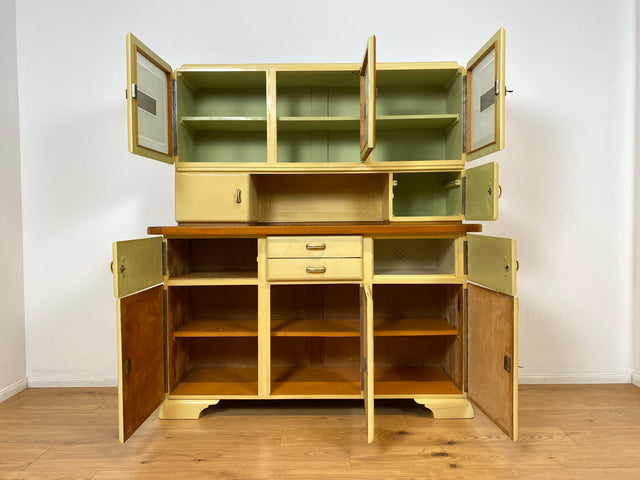 WMK I Schöne 30er Jahre Küchenanrichte aus vollem Holz mit Originalgläsern und Keramik Schütten I Küche Büffet Büfett Küchenschrank Anrichte Kredenz Art Deco Vintage 40er 50er Berlin Dresden Münster