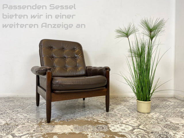 WMK Sehr schönes & gut erhaltenes skandinavisches Sofa mit Rahmen aus Palisander und Bezug aus gestepptem Echtleder # Ledersofa Couch Ledercouch Sitzgarnitur 3-Sitzer Danish Design 60er 70er Vintage