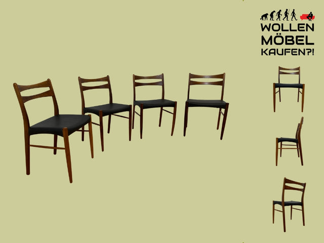 WMK I 4er Set skandinavischer Mid-Century Stühle I aus Teakholz mit schwarzem Kunst Leder Bezug I Esszimmerstühle Küchenstühle Holzstühle Chairs Skai Danish Design Vintage Teak Berlin Bayern Hannover