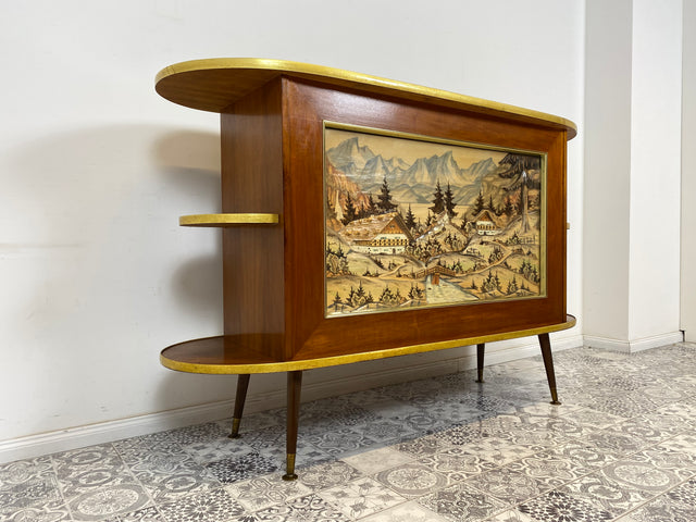 WMK I Ein Unikat I Einzigartige 50er Jahre Bar von Friedrich A. Maschke aus dem Schwarzwald mit handgefertigtem Alpen Relief Gemälde I Hausbar Tresen Wein Schrank Regal Vintage Mid-Century Kunst