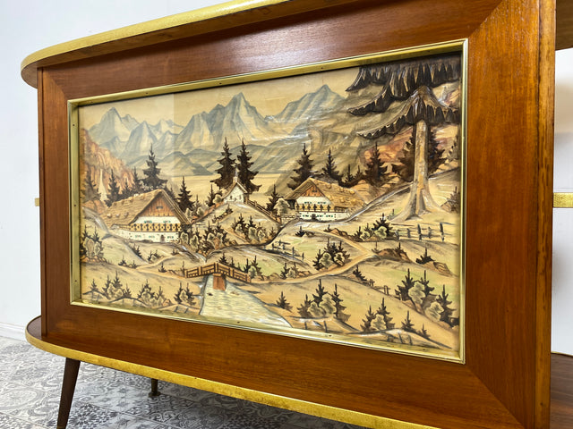 WMK I Ein Unikat I Einzigartige 50er Jahre Bar von Friedrich A. Maschke aus dem Schwarzwald mit handgefertigtem Alpen Relief Gemälde I Hausbar Tresen Wein Schrank Regal Vintage Mid-Century Kunst