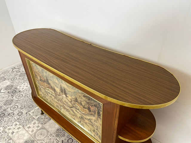 WMK I Ein Unikat I Einzigartige 50er Jahre Bar von Friedrich A. Maschke aus dem Schwarzwald mit handgefertigtem Alpen Relief Gemälde I Hausbar Tresen Wein Schrank Regal Vintage Mid-Century Kunst