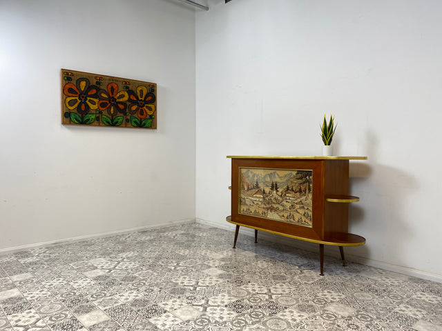 WMK I Ein Unikat I Einzigartige 50er Jahre Bar von Friedrich A. Maschke aus dem Schwarzwald mit handgefertigtem Alpen Relief Gemälde I Hausbar Tresen Wein Schrank Regal Vintage Mid-Century Kunst