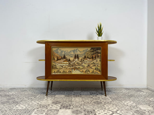 WMK I Ein Unikat I Einzigartige 50er Jahre Bar von Friedrich A. Maschke aus dem Schwarzwald mit handgefertigtem Alpen Relief Gemälde I Hausbar Tresen Wein Schrank Regal Vintage Mid-Century Kunst