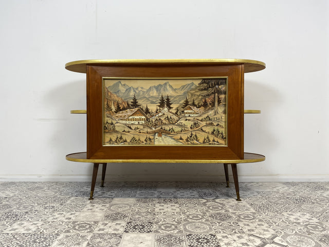 WMK I Ein Unikat I Einzigartige 50er Jahre Bar von Friedrich A. Maschke aus dem Schwarzwald mit handgefertigtem Alpen Relief Gemälde I Hausbar Tresen Wein Schrank Regal Vintage Mid-Century Kunst