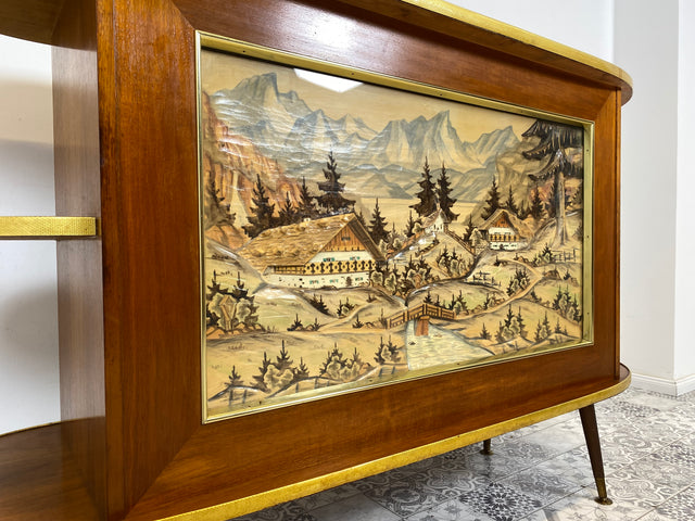 WMK I Ein Unikat I Einzigartige 50er Jahre Bar von Friedrich A. Maschke aus dem Schwarzwald mit handgefertigtem Alpen Relief Gemälde I Hausbar Tresen Wein Schrank Regal Vintage Mid-Century Kunst