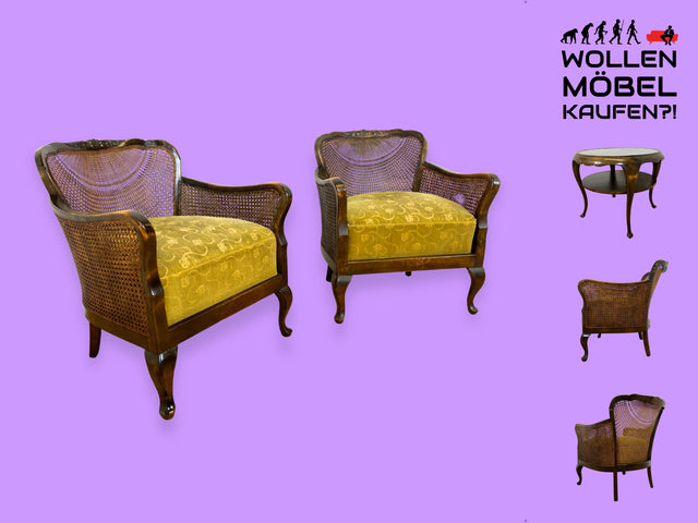 WMK I 1/2 Wunderschöner 50er Jahre Chippendale Sessel mit Wiener Geflecht, gold grünem Originalbezug und Federkern I Clubsessel Lesesessel Armchair Mid-Century Vintage Barock Berlin München Dortmund