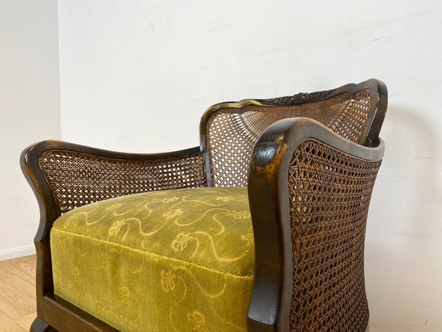 WMK I 1/2 Wunderschöner 50er Jahre Chippendale Sessel mit Wiener Geflecht, gold grünem Originalbezug und Federkern I Clubsessel Lesesessel Armchair Mid-Century Vintage Barock Berlin München Dortmund