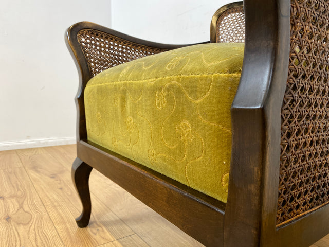 WMK I 1/2 Wunderschöner 50er Jahre Chippendale Sessel mit Wiener Geflecht, gold grünem Originalbezug und Federkern I Clubsessel Lesesessel Armchair Mid-Century Vintage Barock Berlin München Dortmund