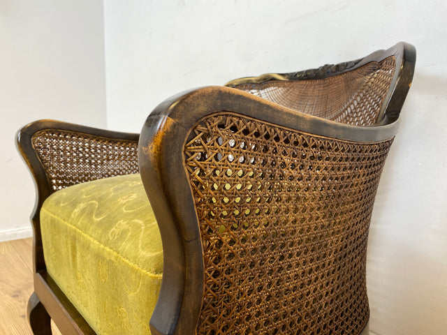 WMK I 1/2 Wunderschöner 50er Jahre Chippendale Sessel mit Wiener Geflecht, gold grünem Originalbezug und Federkern I Clubsessel Lesesessel Armchair Mid-Century Vintage Barock Berlin München Dortmund