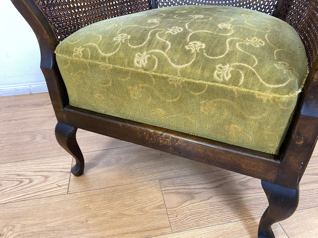 WMK I 1/2 Wunderschöner 50er Jahre Chippendale Sessel mit Wiener Geflecht, gold grünem Originalbezug und Federkern I Clubsessel Lesesessel Armchair Mid-Century Vintage Barock Berlin München Dortmund