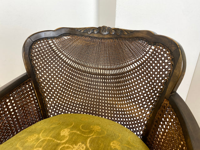 WMK I 1/2 Wunderschöner 50er Jahre Chippendale Sessel mit Wiener Geflecht, gold grünem Originalbezug und Federkern I Clubsessel Lesesessel Armchair Mid-Century Vintage Barock Berlin München Dortmund