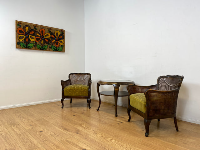 WMK I 1/2 Wunderschöner 50er Jahre Chippendale Sessel mit Wiener Geflecht, gold grünem Originalbezug und Federkern I Clubsessel Lesesessel Armchair Mid-Century Vintage Barock Berlin München Dortmund