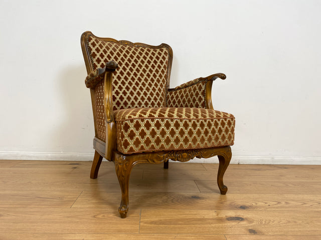 WMK # Eleganter und sehr gut erhaltener 60er Jahre Chippendale Sessel mit wunderbarem Brokat Bezug in Altrosa, feinem Geflecht und Federkern # Lesesessel Armchair Sitzgarnitur Mid-Century Vintage