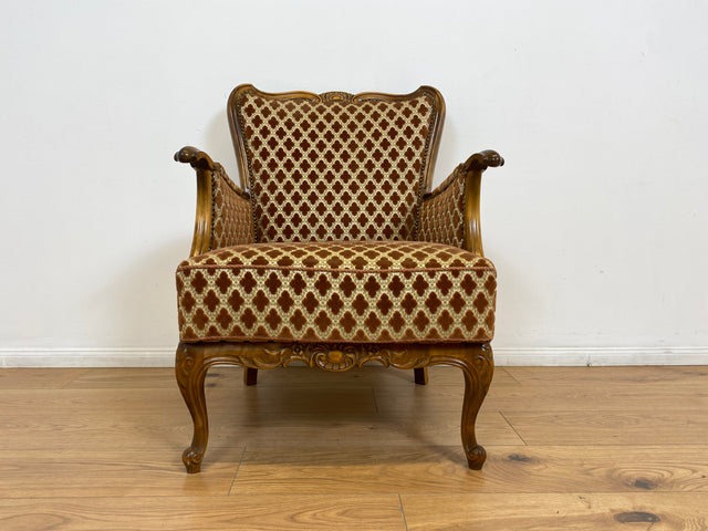 WMK # Eleganter und sehr gut erhaltener 60er Jahre Chippendale Sessel mit wunderbarem Brokat Bezug in Altrosa, feinem Geflecht und Federkern # Lesesessel Armchair Sitzgarnitur Mid-Century Vintage
