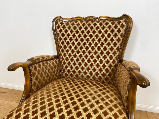 WMK # Eleganter und sehr gut erhaltener 60er Jahre Chippendale Sessel mit wunderbarem Brokat Bezug in Altrosa, feinem Geflecht und Federkern # Lesesessel Armchair Sitzgarnitur Mid-Century Vintage
