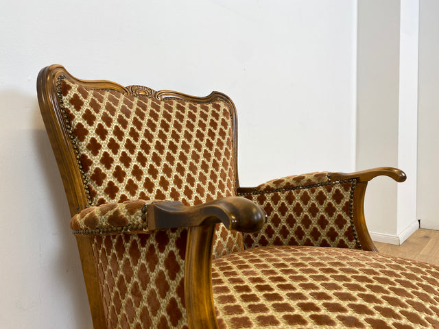 WMK # Eleganter und sehr gut erhaltener 60er Jahre Chippendale Sessel mit wunderbarem Brokat Bezug in Altrosa, feinem Geflecht und Federkern # Lesesessel Armchair Sitzgarnitur Mid-Century Vintage