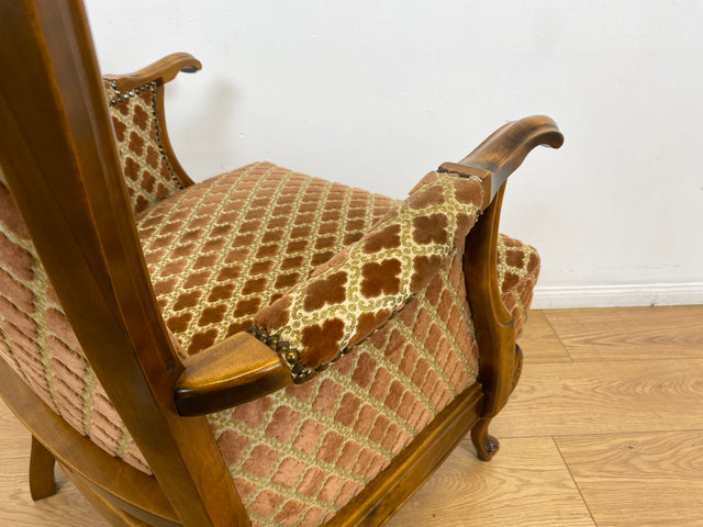 WMK # Eleganter und sehr gut erhaltener 60er Jahre Chippendale Sessel mit wunderbarem Brokat Bezug in Altrosa, feinem Geflecht und Federkern # Lesesessel Armchair Sitzgarnitur Mid-Century Vintage