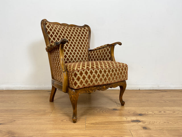 WMK # Eleganter und sehr gut erhaltener 60er Jahre Chippendale Sessel mit wunderbarem Brokat Bezug in Altrosa, feinem Geflecht und Federkern # Lesesessel Armchair Sitzgarnitur Mid-Century Vintage