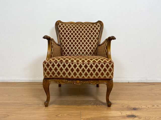 WMK # Eleganter und sehr gut erhaltener 60er Jahre Chippendale Sessel mit wunderbarem Brokat Bezug in Altrosa, feinem Geflecht und Federkern # Lesesessel Armchair Sitzgarnitur Mid-Century Vintage