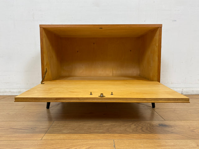 WMK I Hochwertige 60er Jahre Kommode aus vollem Holz mit Klappe & Messinggriff I Schrank Sideboard Lowboard Barkommode Barschrank Wäschekommode Mid-Century Vintage Retro DDR I Berlin Freiburg München