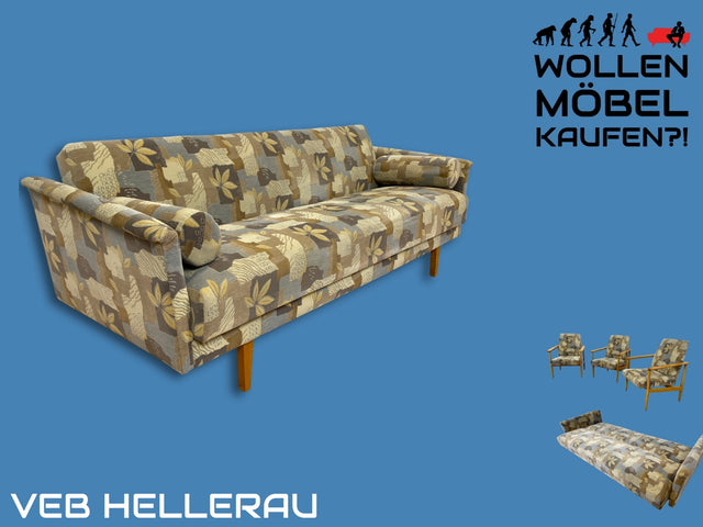 WMK I Stilvolles 60er Jahre Schlafsofa von VEB Hellerau mit freundlichem späterem Bezug und passenden Kissen I Sofa Couch Schlafcouch Klappcouch Daybed Sitzgarnitur Mid-Century Vintage Berlin Hof Ulm