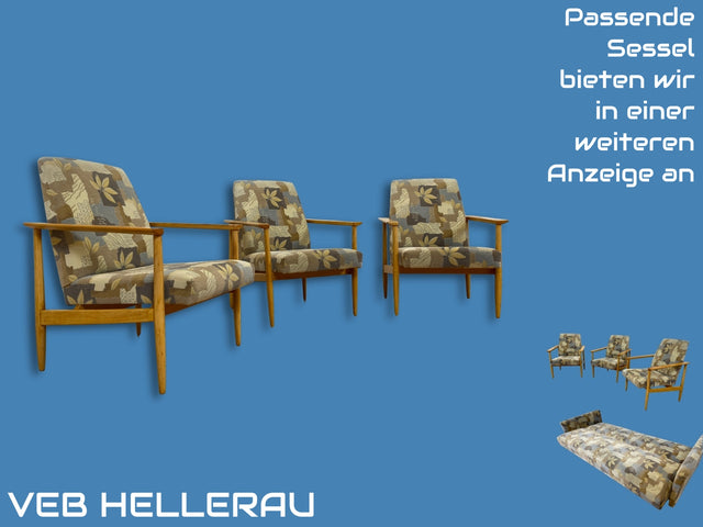 WMK I Stilvolles 60er Jahre Schlafsofa von VEB Hellerau mit freundlichem späterem Bezug und passenden Kissen I Sofa Couch Schlafcouch Klappcouch Daybed Sitzgarnitur Mid-Century Vintage Berlin Hof Ulm