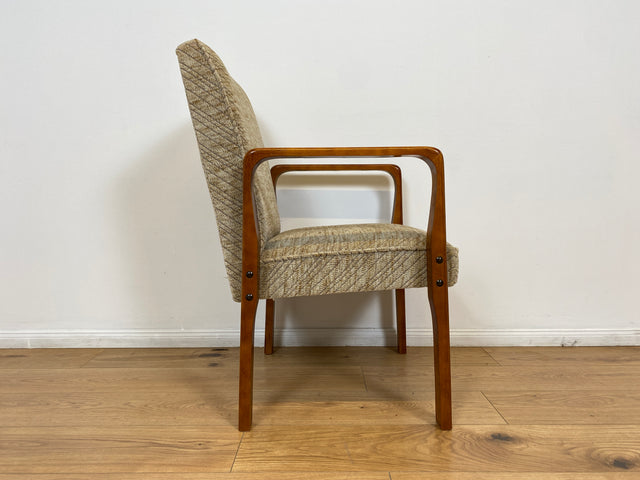 WMK # 1/3 Formschöner, bequemer & sehr gut erhaltener Mid-Century Sessel mit hellem Originalbezug & Teakholz Rahmen # Stuhl Sessel Lesesessel Armchair Armlehnsessel Schreibtischstuhl Vintage 60er 70er