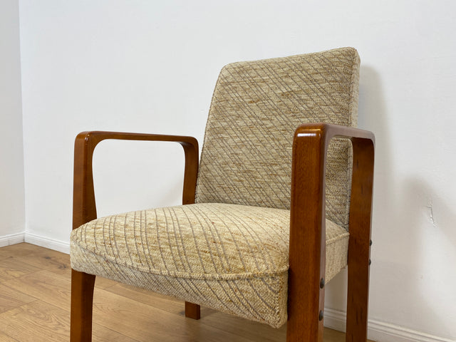 WMK # 1/3 Formschöner, bequemer & sehr gut erhaltener Mid-Century Sessel mit hellem Originalbezug & Teakholz Rahmen # Stuhl Sessel Lesesessel Armchair Armlehnsessel Schreibtischstuhl Vintage 60er 70er