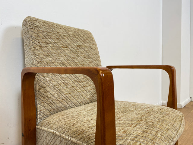WMK # 1/3 Formschöner, bequemer & sehr gut erhaltener Mid-Century Sessel mit hellem Originalbezug & Teakholz Rahmen # Stuhl Sessel Lesesessel Armchair Armlehnsessel Schreibtischstuhl Vintage 60er 70er