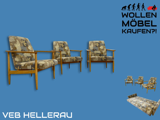 WMK I 1/3 Stilvoller 60er Jahre Sessel von VEB Hellerau mit freundlichem späterem Bezug und hellem Holzrahmen I Clubsessel Cocktailsessel Armchair Sitzgarnitur Mid-Century Vintage Berlin Hannover NRW