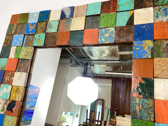 Boatwood by WMK # Einzigartiger 65x200cm großer Wandspiegel aus altem Bootsholz, ein handgefertigtes Unikat in Originalfarben # bunter Spiegel Standspiegel Mirror Flurspiegel Treibholz Bootsmöbel