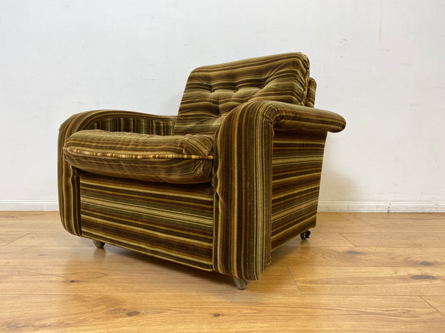 WMK I Formschöner & gemütlicher 70er Jahre Space Age Sessel mit grün-braun gestreiftem Originalbezug I Armchair Clubsessel Loungesessel Lesesessel Sitzgarnitur Retro Vintage Berlin Hannover Stuttgart