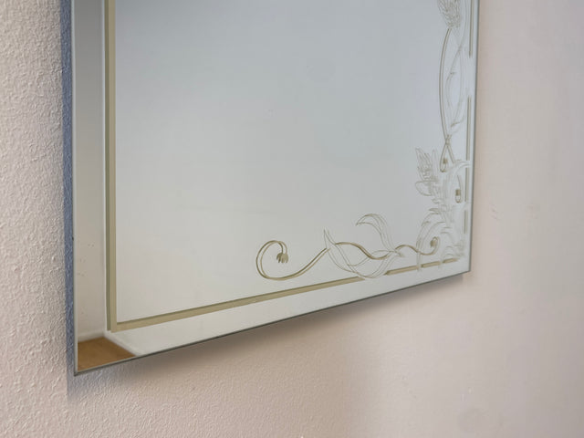 WMK I Hübscher und gut erhaltener 70er Jahre Rundbogen Wandspiegel , kunstvoll Handbemalt in Champagnerton I Spiegel Garderobe Badspiegel Flurspiegel Hollywood Regency Vintage Berlin Bremen Passau