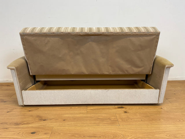 WMK # Gemütliches und gut erhaltenes 70er Jahre Sofa mit Schlaffunktion, Bettwäschefach, bequemen Federkern und grau beigem Originalbezug # Couch Schlafsofa Schlafcouch Klappcouch Retro Vintage Berlin