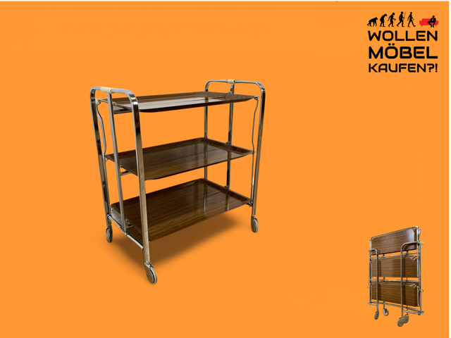 WMK # Kultiger & gut erhaltener faltbarer 1970er Jahre Servierwagen mit Chromgestell & auf Rollen # Teewagen Barwagen Klapptisch Beistelltisch Couchtisch Space Age Vintage Industrial Design 70er Retro